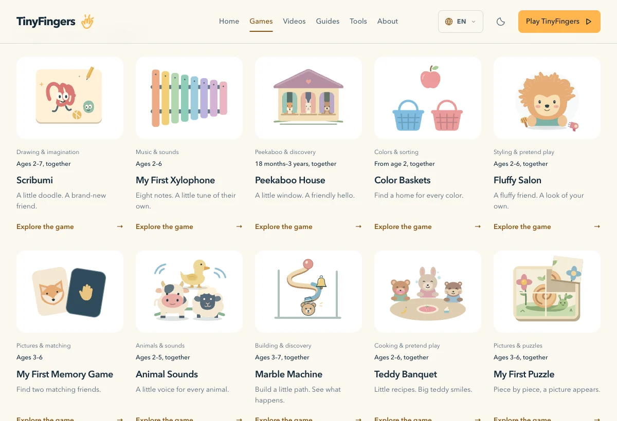 The actual TinyFingers catalogue: drawing, music, discovery and visual games.