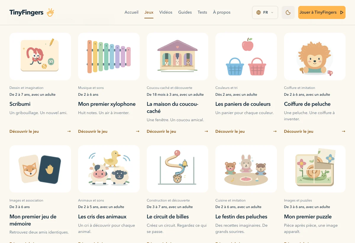 Catalogue réel de TinyFingers : dessin, musique, découverte et jeux visuels.