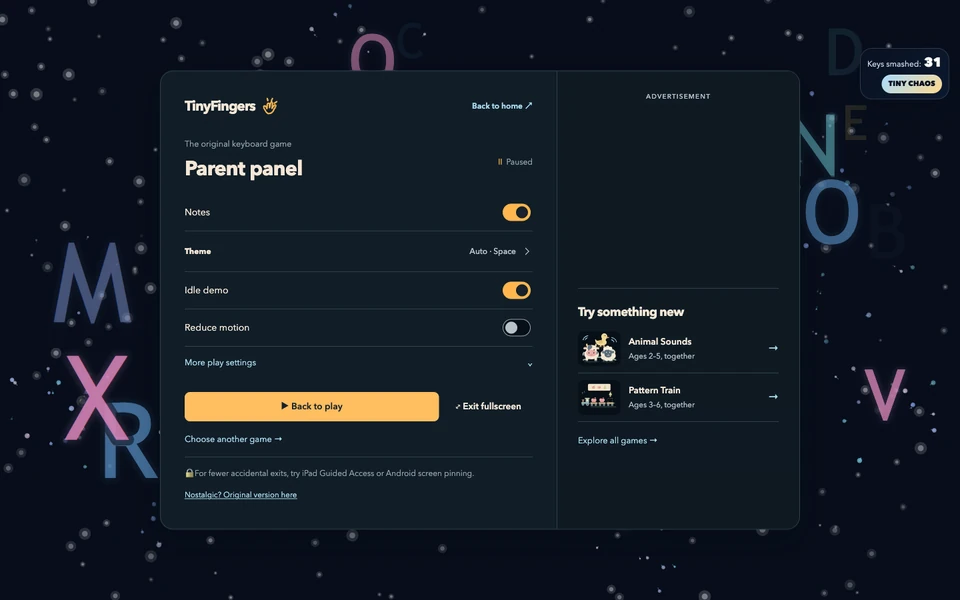 Actual screenshot of the original TinyFingers game: letters in the background and the parent panel open, with sound, motion and fullscreen controls.