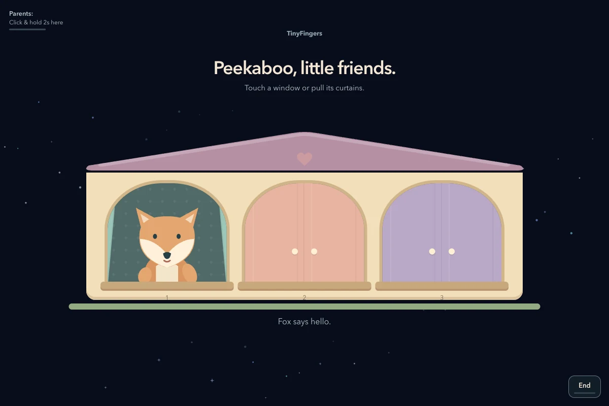 Le jeu TinyFingers avec un renard découvert derrière une fenêtre.