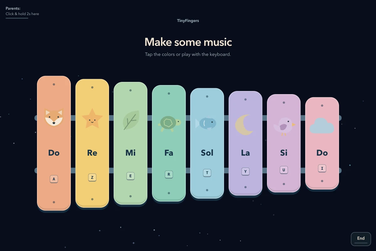 Le xylophone TinyFingers : huit lames colorées à toucher.
